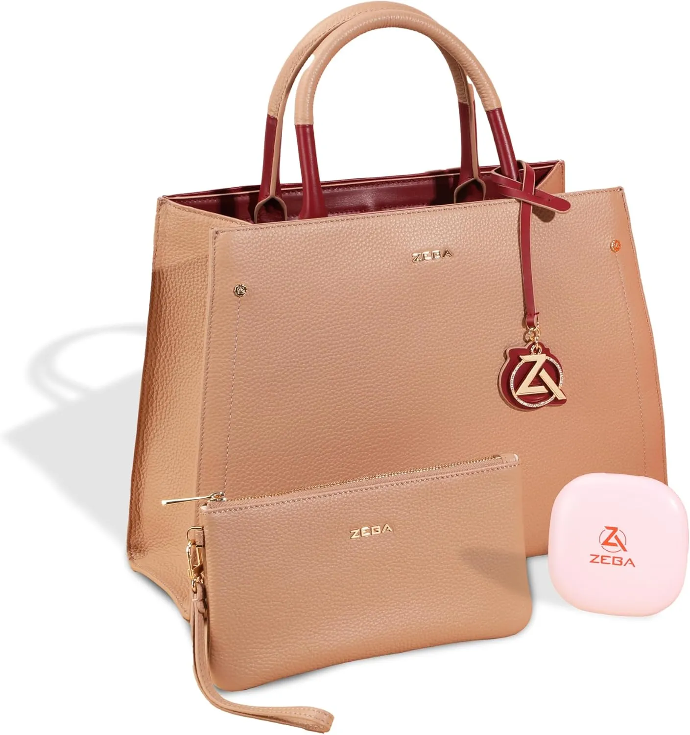 ZEBA Leather Tote Bag for Women with Mini Clutch, Makeup Mirror, Detachable Strap & Battery Pack - Stylish Purses for Women