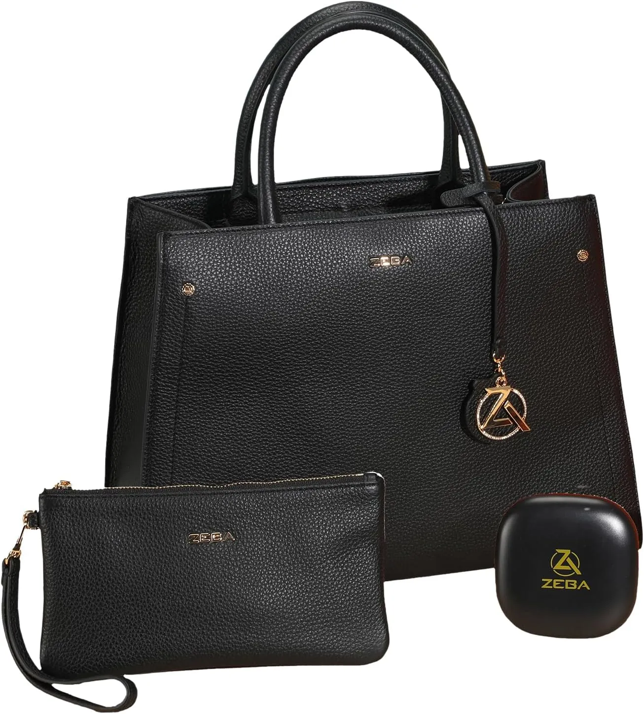ZEBA Leather Tote Bag for Women with Mini Clutch, Makeup Mirror, Detachable Strap & Battery Pack - Stylish Purses for Women